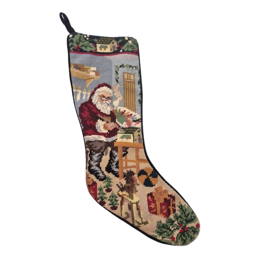 Vintage Needlepoint Christmas Stocking Santa Checking List Velvet Back 19"